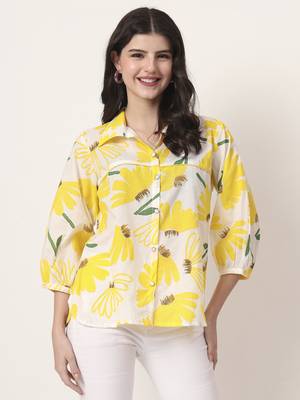 yellow cotton shirt collar shrit style top 1