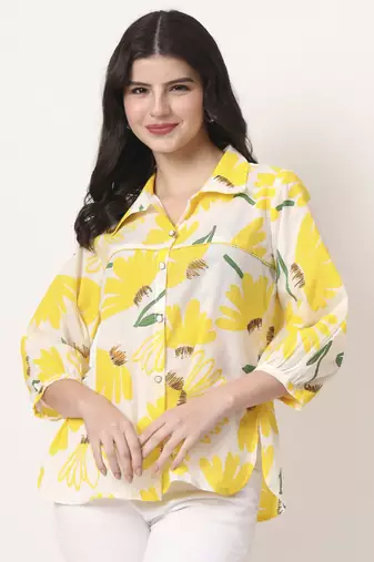 yellow cotton shirt collar shrit style top