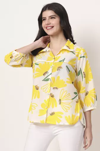 yellow cotton shirt collar shrit style top