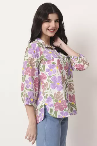 multi cotton mandarin collar shrit style top
