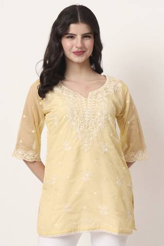 yellow thread work organza top