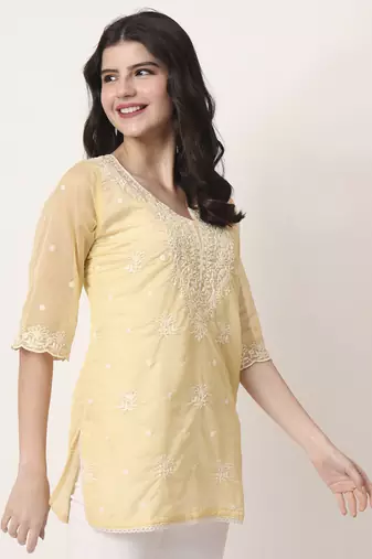 yellow thread work organza top