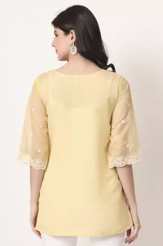 yellow thread work organza top