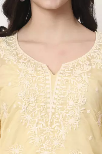 yellow thread work organza top
