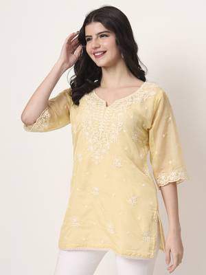 yellow thread work organza top 5