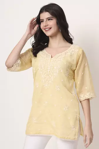 yellow thread work organza top