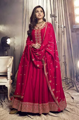 Rani Pink Silk Anarkali Suit With Golden Zari Work Embroidery
