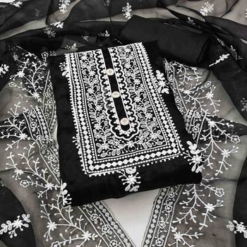 black organza embroidered unstitched dress material 1