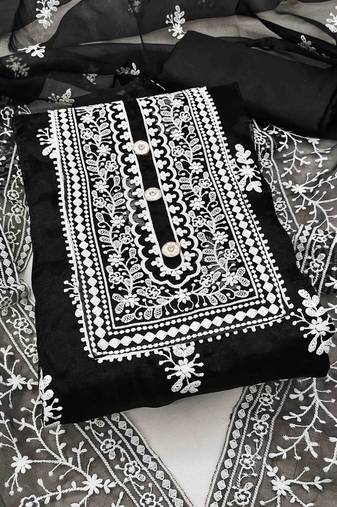 black organza embroidered unstitched dress material