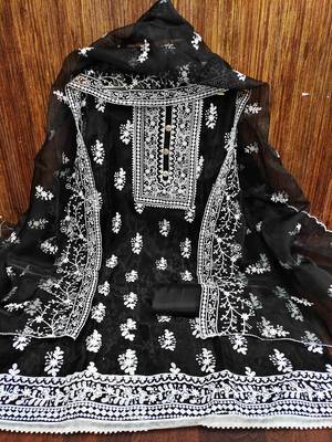 black organza embroidered unstitched dress material 2