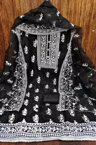 black organza embroidered unstitched dress material