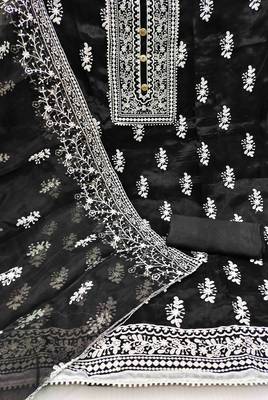 black organza embroidered unstitched dress material 3