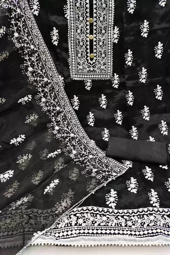black organza embroidered unstitched dress material
