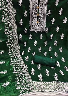 dark green organza embroidered unstitched dress material 2