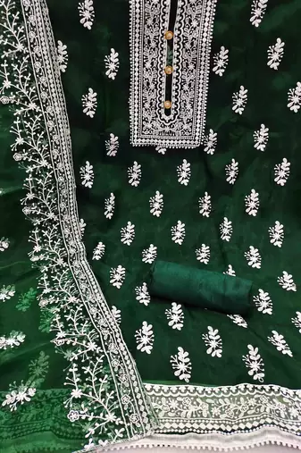 dark green organza embroidered unstitched dress material