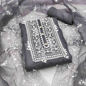grey organza embroidered unstitched dress material 1
