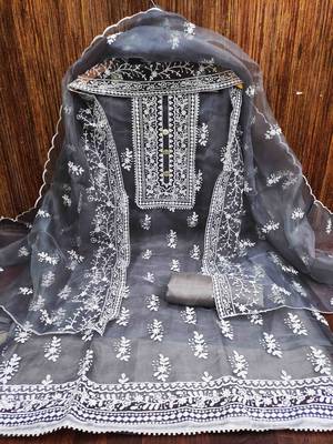 grey organza embroidered unstitched dress material 2