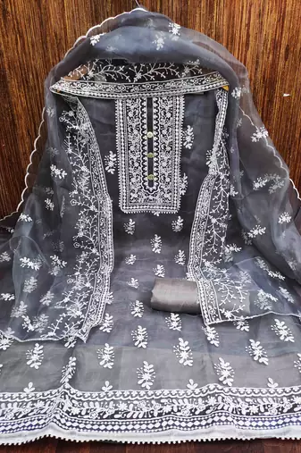 grey organza embroidered unstitched dress material