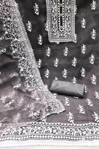 grey organza embroidered unstitched dress material