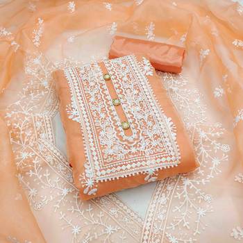light orange organza embroidered unstitched dress material 1