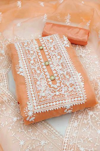 light orange organza embroidered unstitched dress material