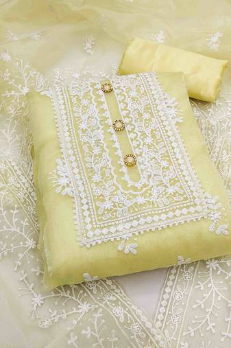 light yellow organza embroidered unstitched dress material