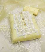 light yellow organza embroidered unstitched dress material