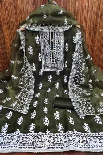mehndi organza embroidered unstitched dress material