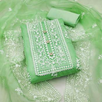 mint organza embroidered unstitched dress material 1