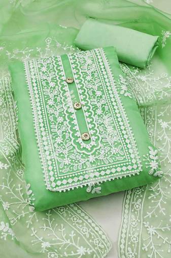 mint organza embroidered unstitched dress material