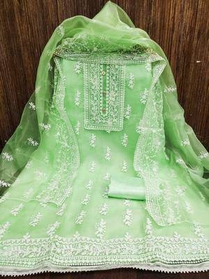 mint organza embroidered unstitched dress material 2