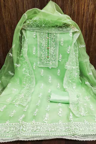 mint organza embroidered unstitched dress material