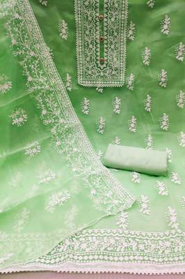 mint organza embroidered unstitched dress material 3