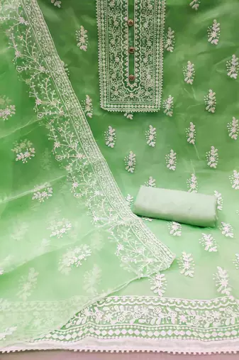 mint organza embroidered unstitched dress material