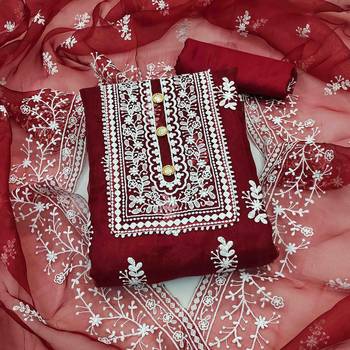 maroon organza embroidered unstitched dress material 1