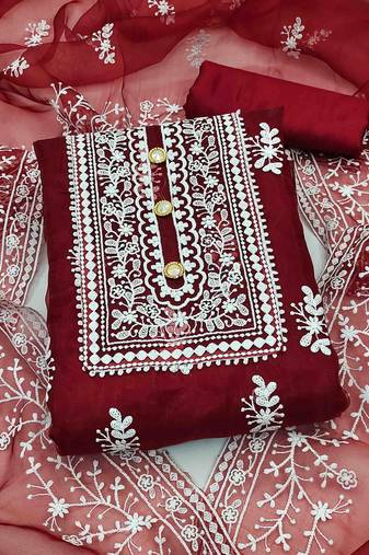 maroon organza embroidered unstitched dress material