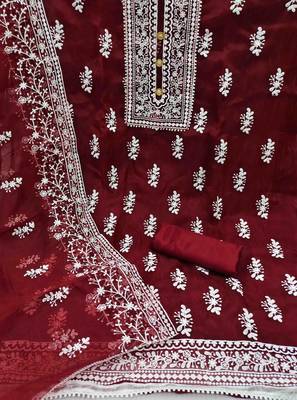 maroon organza embroidered unstitched dress material 2