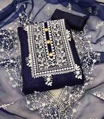 navy blue organza embroidered unstitched dress material