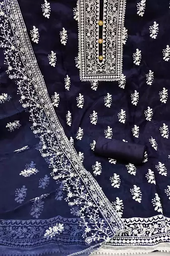 navy blue organza embroidered unstitched dress material