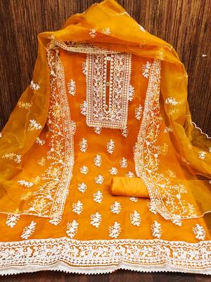 orange organza embroidered unstitched dress material 2