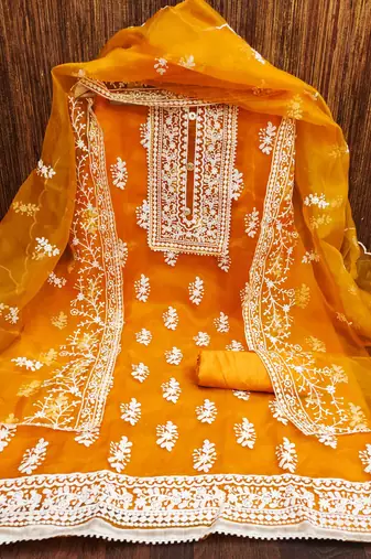 orange organza embroidered unstitched dress material