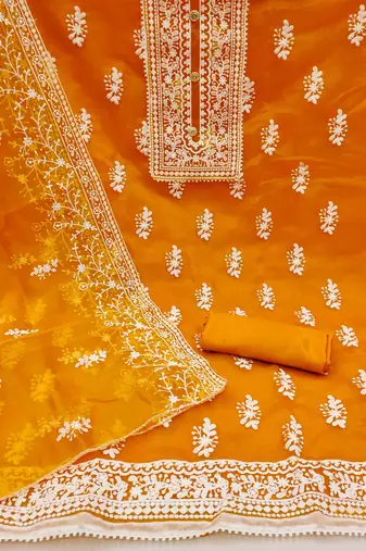 orange organza embroidered unstitched dress material