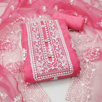 pink organza embroidered unstitched dress material 1