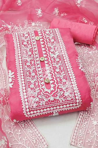 pink organza embroidered unstitched dress material