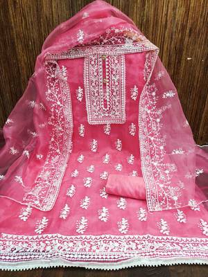 pink organza embroidered unstitched dress material 2