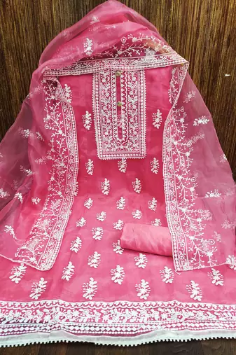 pink organza embroidered unstitched dress material
