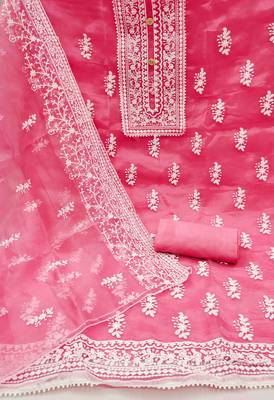 pink organza embroidered unstitched dress material 3