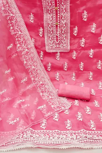 pink organza embroidered unstitched dress material