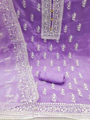 purple organza embroidered unstitched dress material 2