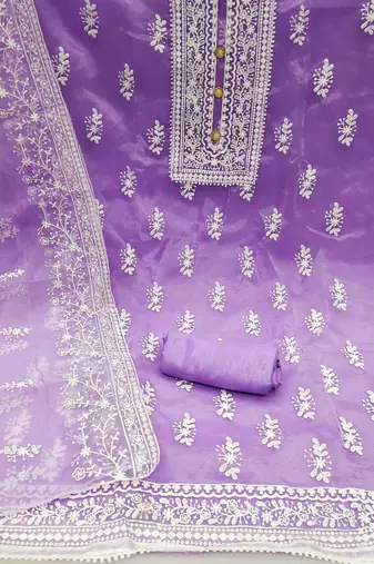 purple organza embroidered unstitched dress material